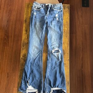 Trendy Distressed Flare Jeans in Classic Blue